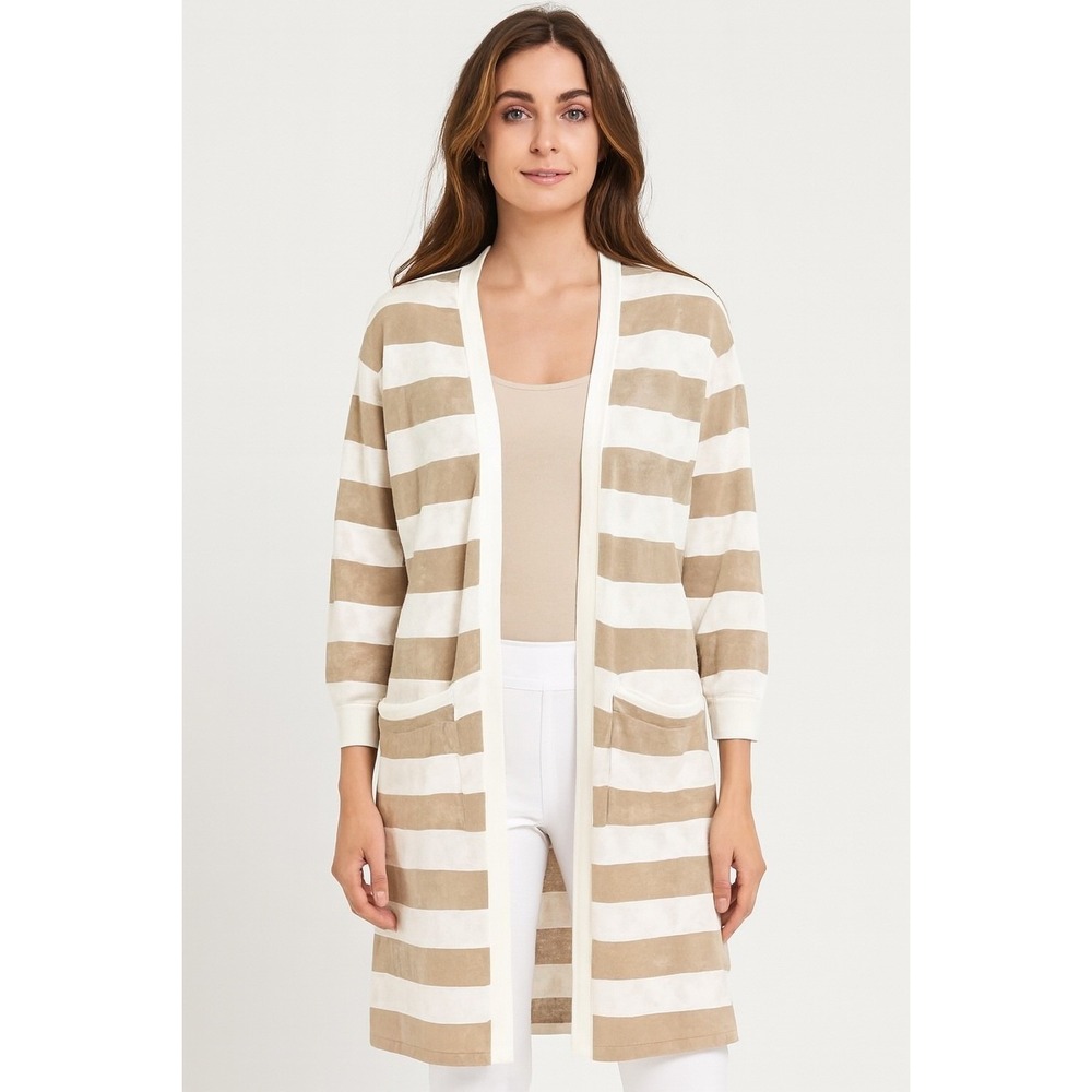 VTG La Foret Womens Cardigan Small Cream Long Textured Striped Open boho Neutral